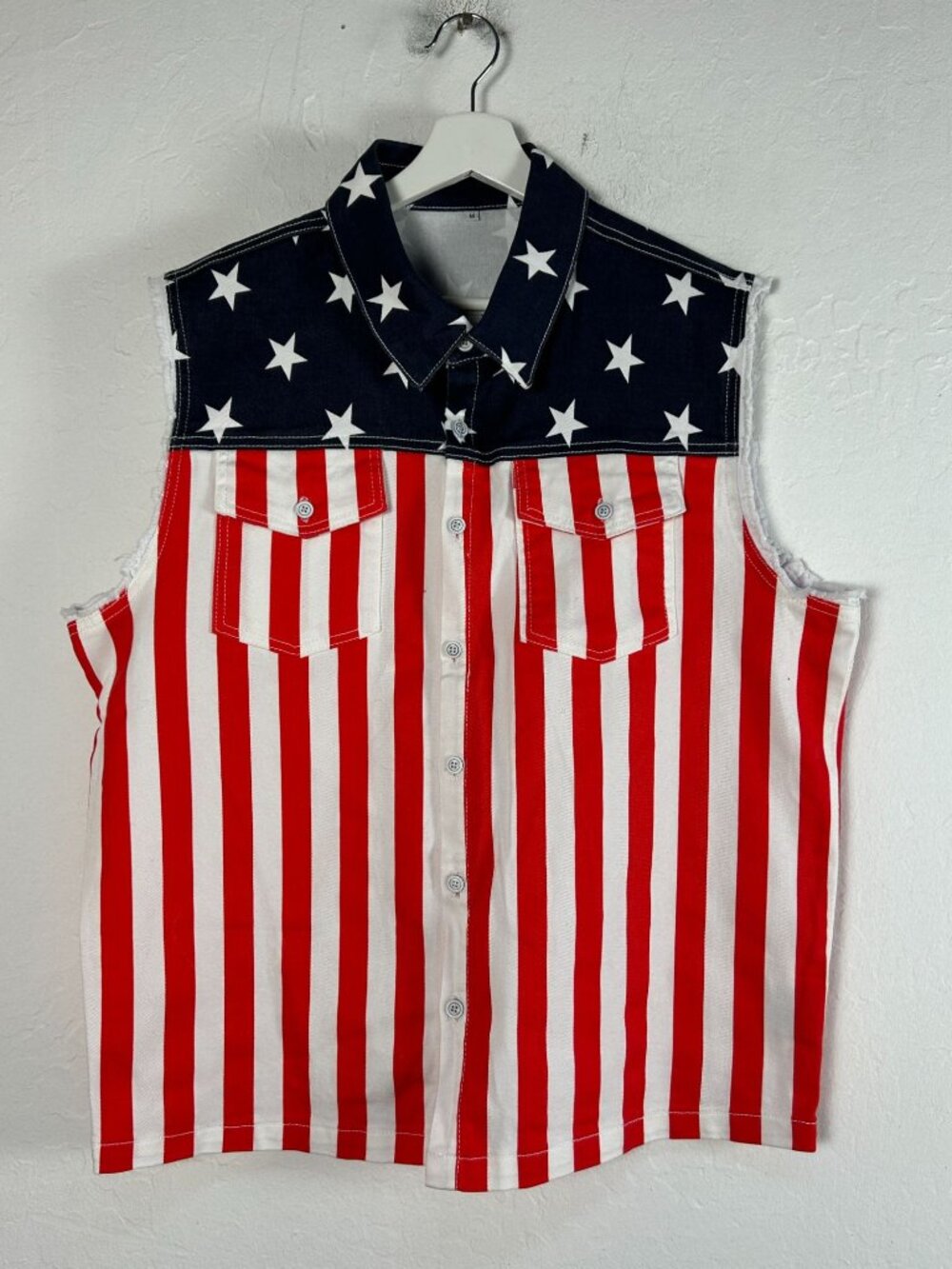Men's American Flag Print Denim Vest Patriotic Distressed Jean Jacket Medium